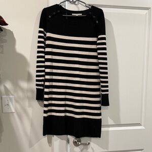 LOFT Black and Cream Striped Long Sleeve Dress